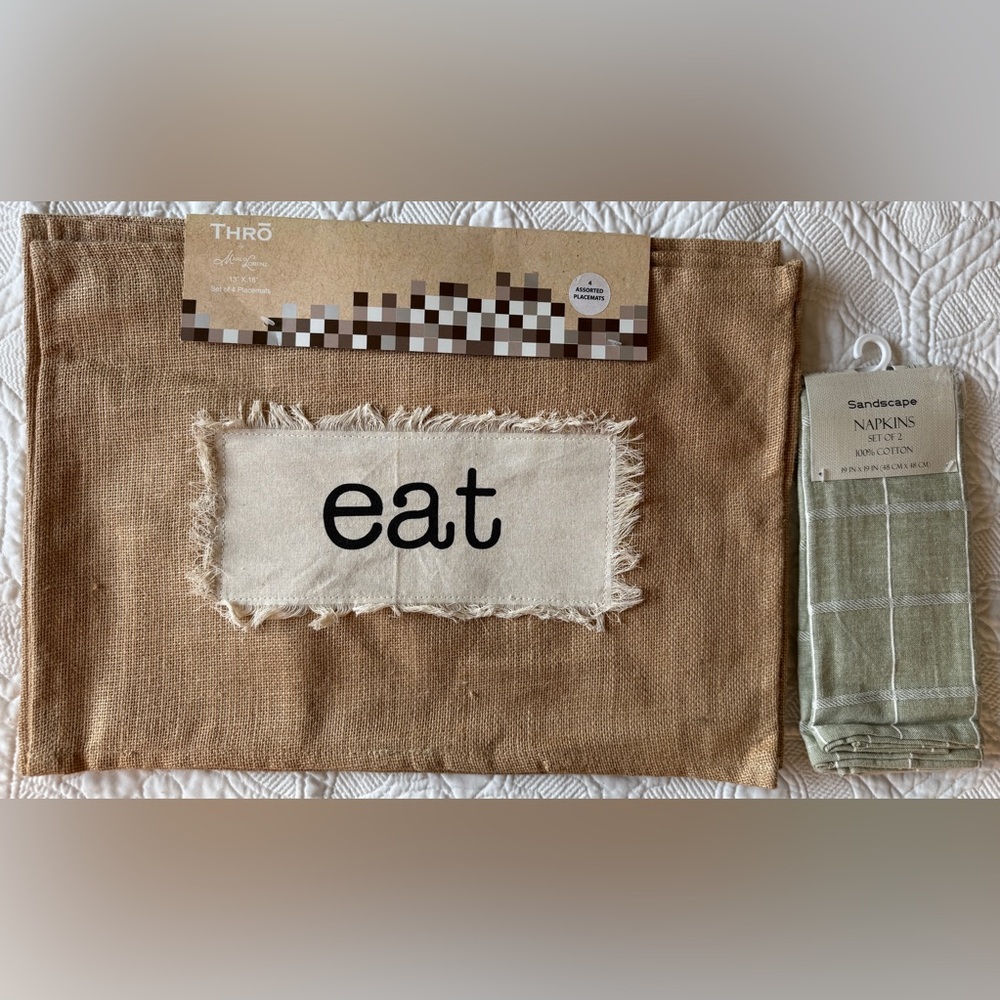 THRO Burlap Placemat with 'eat' Patch - Natural Brown & two napkins